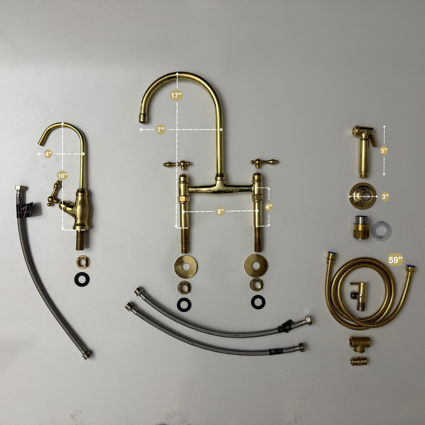 Unlacquered Brass Bridge Kitchen Faucet with Sprayer, Drinking Water Tap and Lever Handles