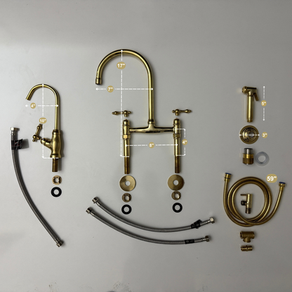 Unlacquered Brass Bridge Kitchen Faucet with Sprayer, Drinking Water Tap and Lever Handles