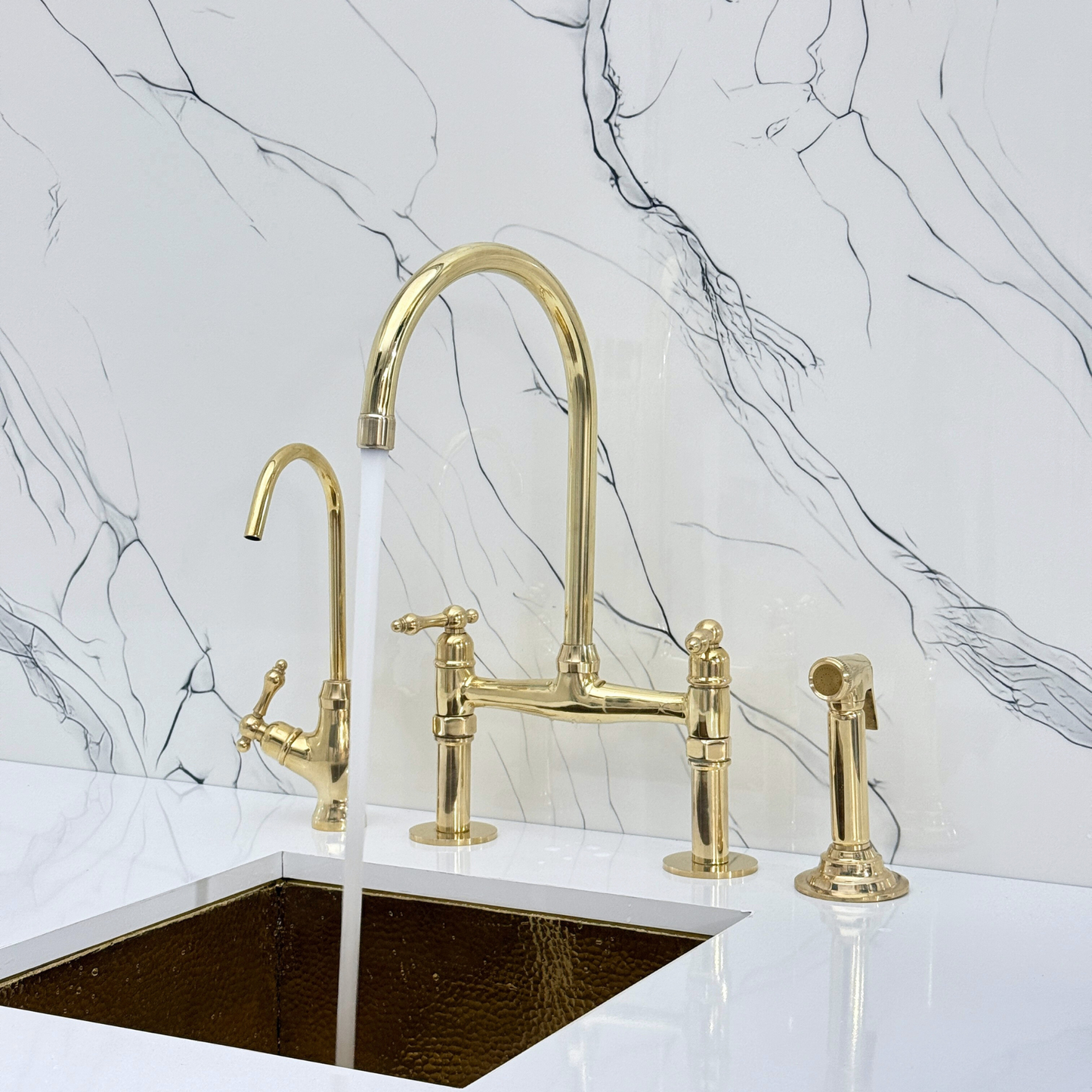 Unlacquered Brass Bridge Kitchen Faucet with Sprayer, Drinking Water Tap and Lever Handles