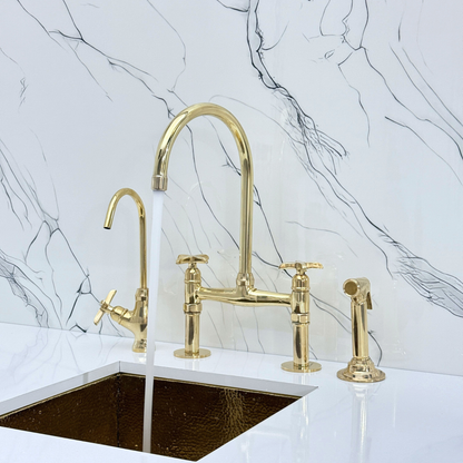Unlacquered Brass Bridge Kitchen Faucet with Sprayer, Drinking Water Tap and Cross Handles