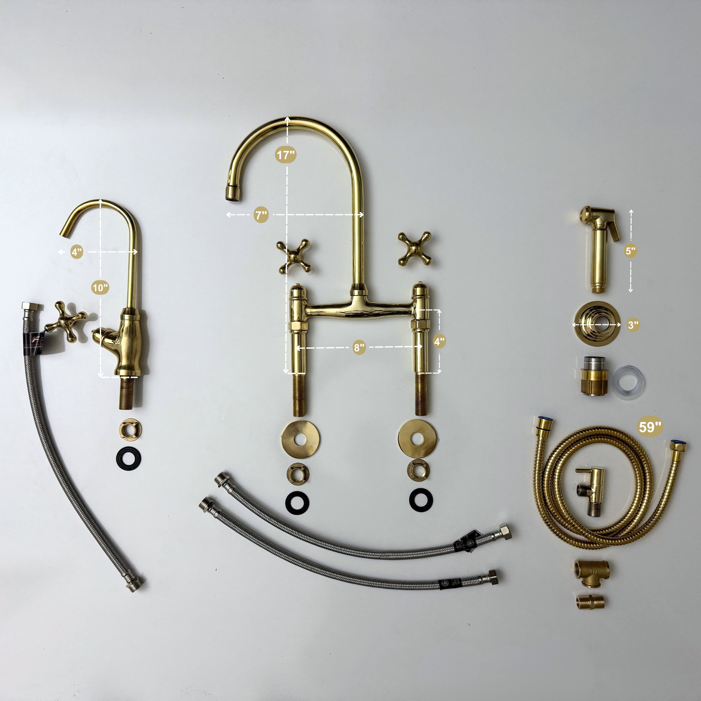 Unlacquered Brass Bridge Kitchen Faucet with Sprayer, Drinking Water Tap and Cross Handles