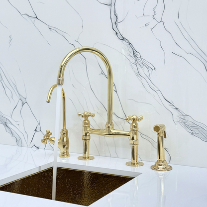 Unlacquered Brass Bridge Kitchen Faucet with Sprayer, Drinking Water Tap and Cross Handles