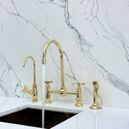 Unlacquered Brass Bridge Kitchen Faucet With Ball Center, Sprayer, Cold Water Faucet and Cross Handles
