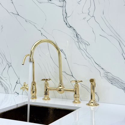 Unlacquered Brass Bridge Kitchen Faucet With Ball Center, Sprayer, Cold Water Faucet and Cross Handles