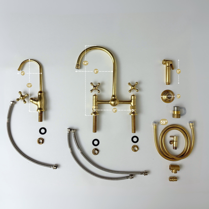 Unlacquered Brass Bridge Kitchen Faucet With Ball Center, Sprayer, Cold Water Faucet and Cross Handles