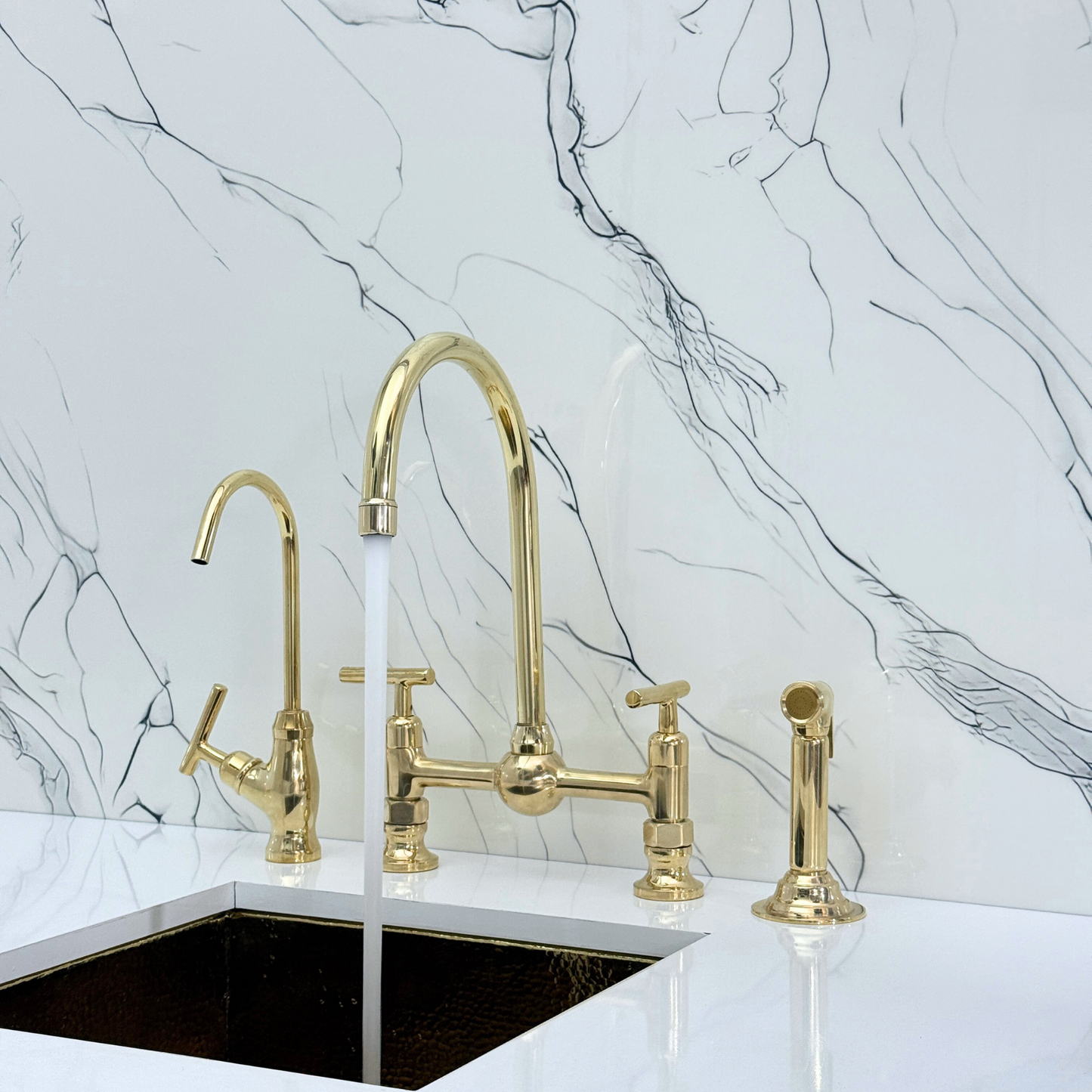 Unlacquered Brass Bridge Kitchen Faucet With Ball Center, Sprayer, Cold Water Faucet and Lever Handles
