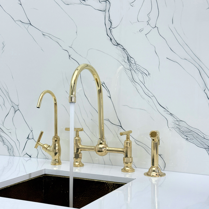 Unlacquered Brass Bridge Kitchen Faucet With Ball Center, Sprayer, Cold Water Faucet and Lever Handles