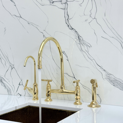 Unlacquered Brass Bridge Kitchen Faucet with Cold Water Faucet, Sprayer, and Lever Handles
