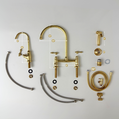 Unlacquered Brass Bridge Kitchen Faucet with Cold Water Faucet, Sprayer, and Lever Handles