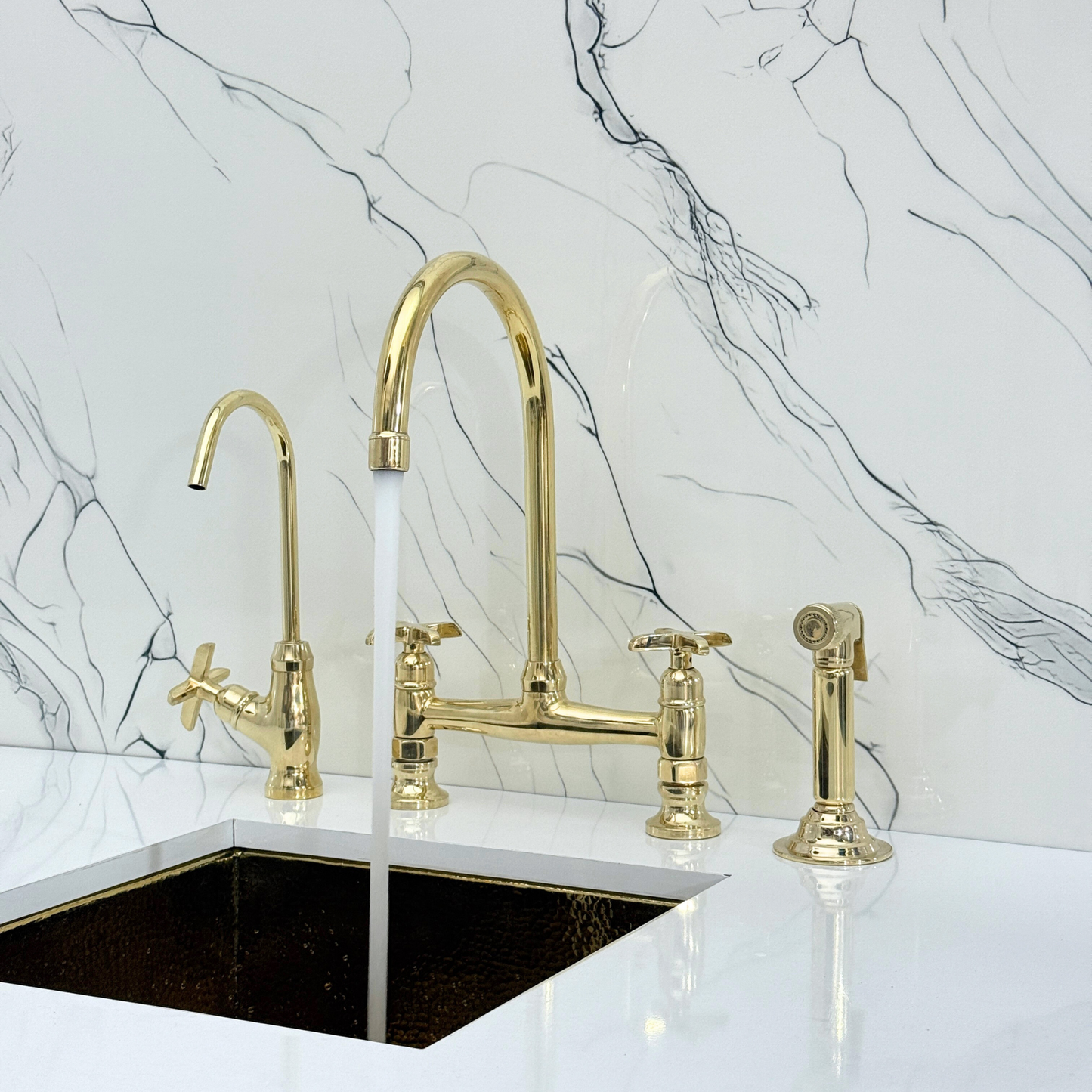 Unlacquered Brass Bridge Kitchen Faucet with Sprayer, Cold Water Faucet and Cross Handles