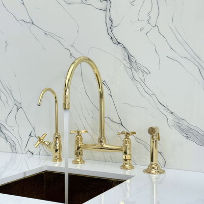 Unlacquered Brass Bridge Kitchen Faucet with Cold Water Faucet, Sprayer, and Cross Handles