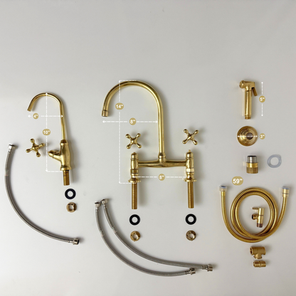 Unlacquered Brass Bridge Kitchen Faucet with Sprayer, Cold Water Faucet and Cross Handles