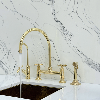 Unlacquered Brass Bridge Kitchen Faucet with Cold Water Faucet, Sprayer, and Cross Handles