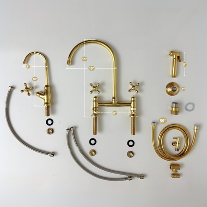 Unlacquered Brass Bridge Kitchen Faucet with Cold Water Faucet, Sprayer, and Cross Handles