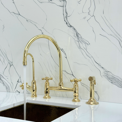Unlacquered Brass Bridge Kitchen Faucet with Cold Water Faucet, Sprayer, and Cross Handles