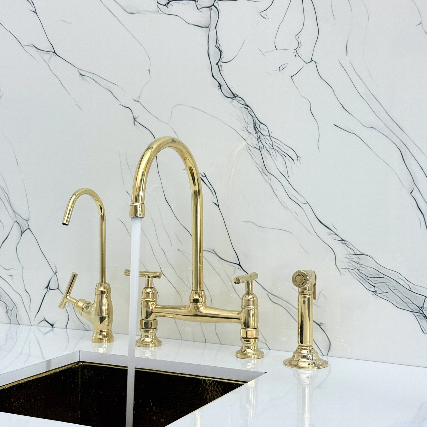 Unlacquered Brass Bridge Kitchen Faucet with Sprayer, Cold Water Faucet and Lever Handles