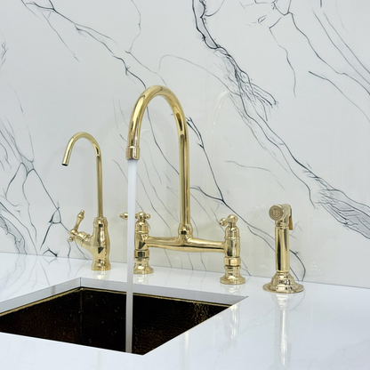 Unlacquered Brass Bridge Kitchen Faucet with Sprayer, Cold Water Faucet and Lever Handles