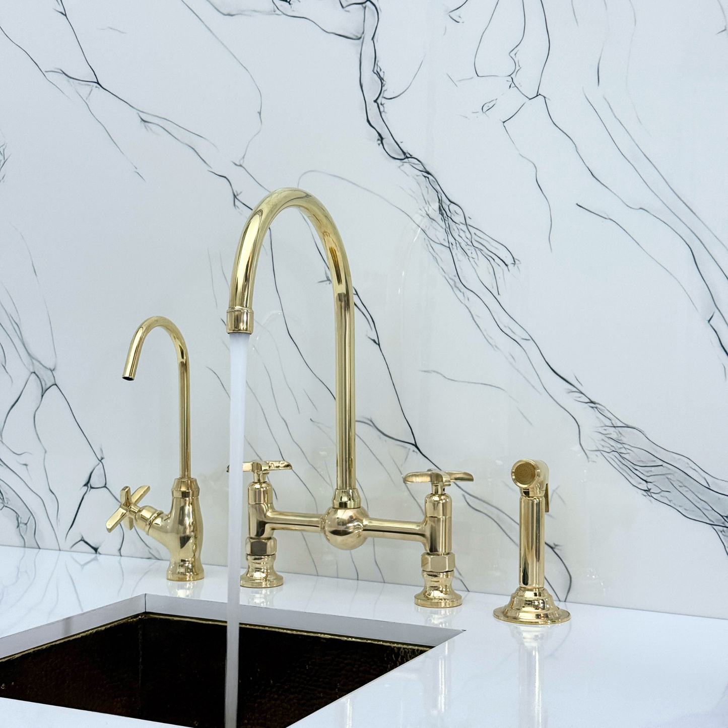 Unlacquered Brass Bridge Vintage Kitchen Faucet with Ball Center, Sprayer, Cold Water Faucet and Cross Handles