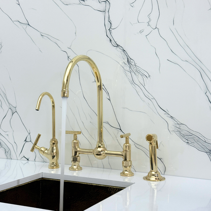 Unlacquered Brass Bridge Vintage Kitchen Faucet with Ball Center, Sprayer, Cold Water Faucet and Lever Handles