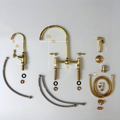 Unlacquered Brass Bridge Vintage Kitchen Faucet with Ball Center, Sprayer, Cold Water Faucet and Lever Handles