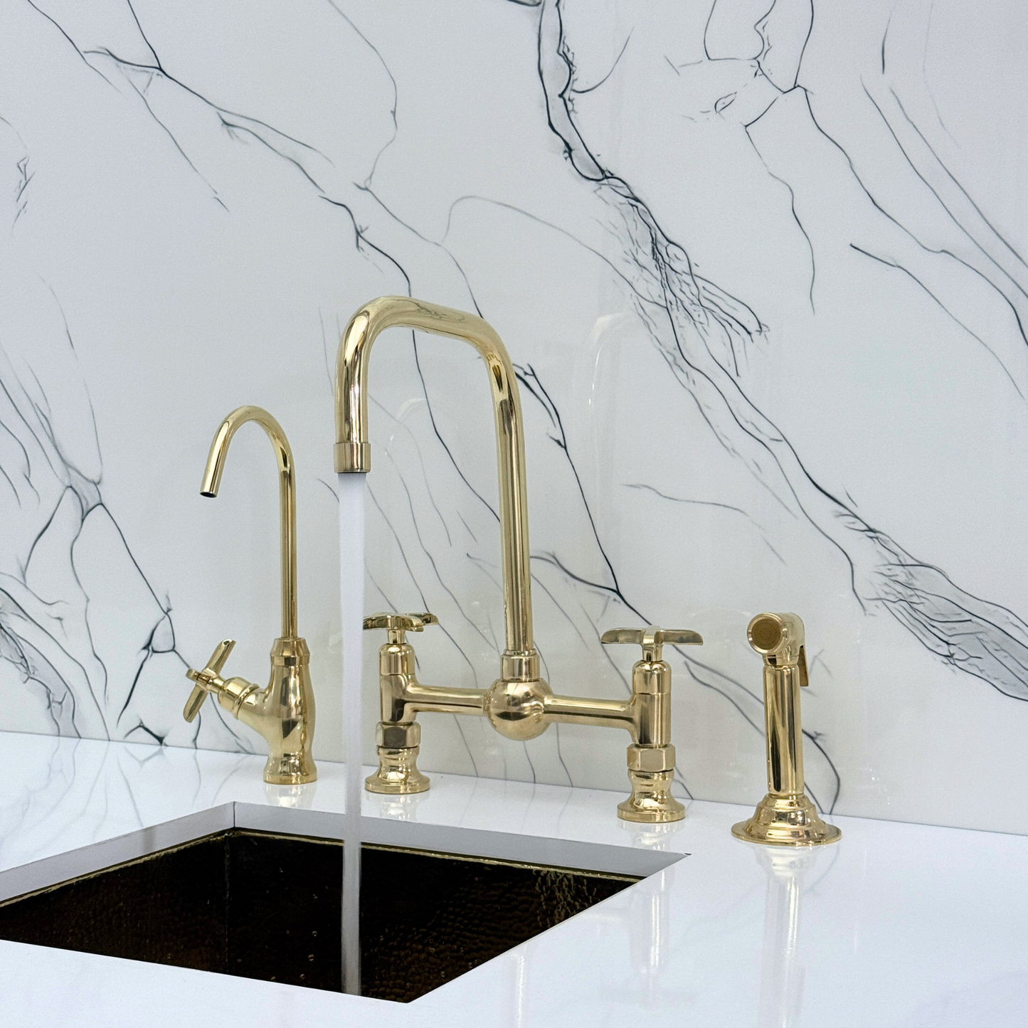 Unlacquered Brass Classic Bridge Faucet with Ball Center, Sprayer, Cold Water Faucet and Cross Handles