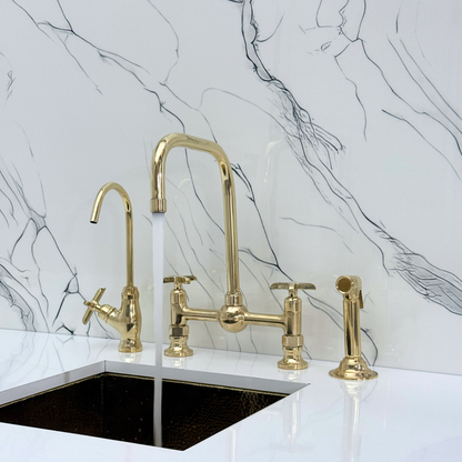 Unlacquered Brass Classic Bridge Faucet with Ball Center, Sprayer, Cold Water Faucet and Cross Handles