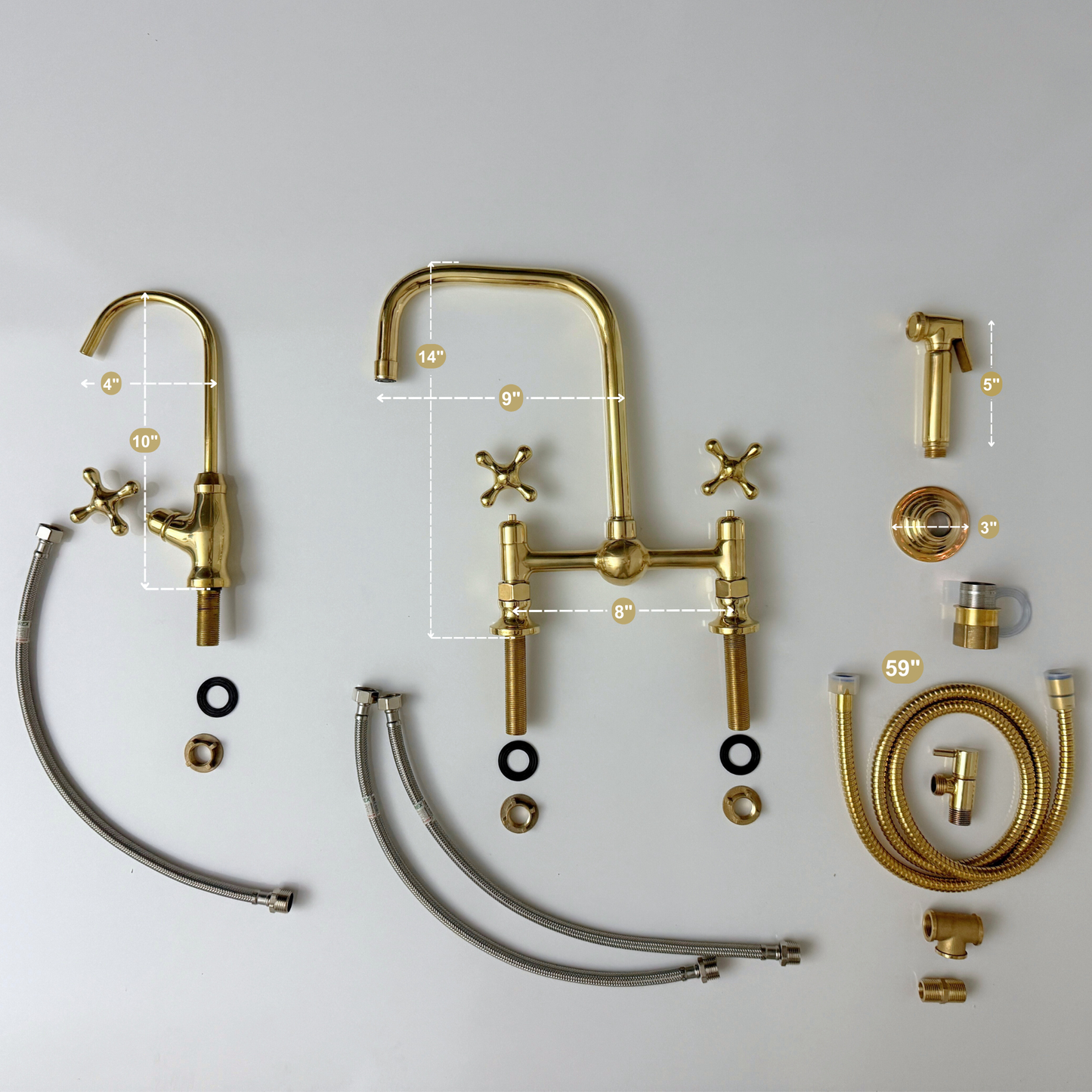 Unlacquered Brass Classic Bridge Faucet with Ball Center, Sprayer, Cold Water Faucet and Cross Handles