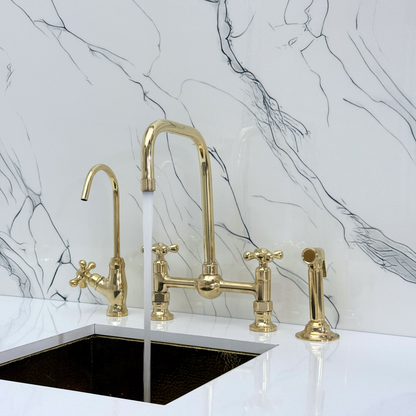 Unlacquered Brass Classic Bridge Faucet with Ball Center, Sprayer, Cold Water Faucet and Cross Handles
