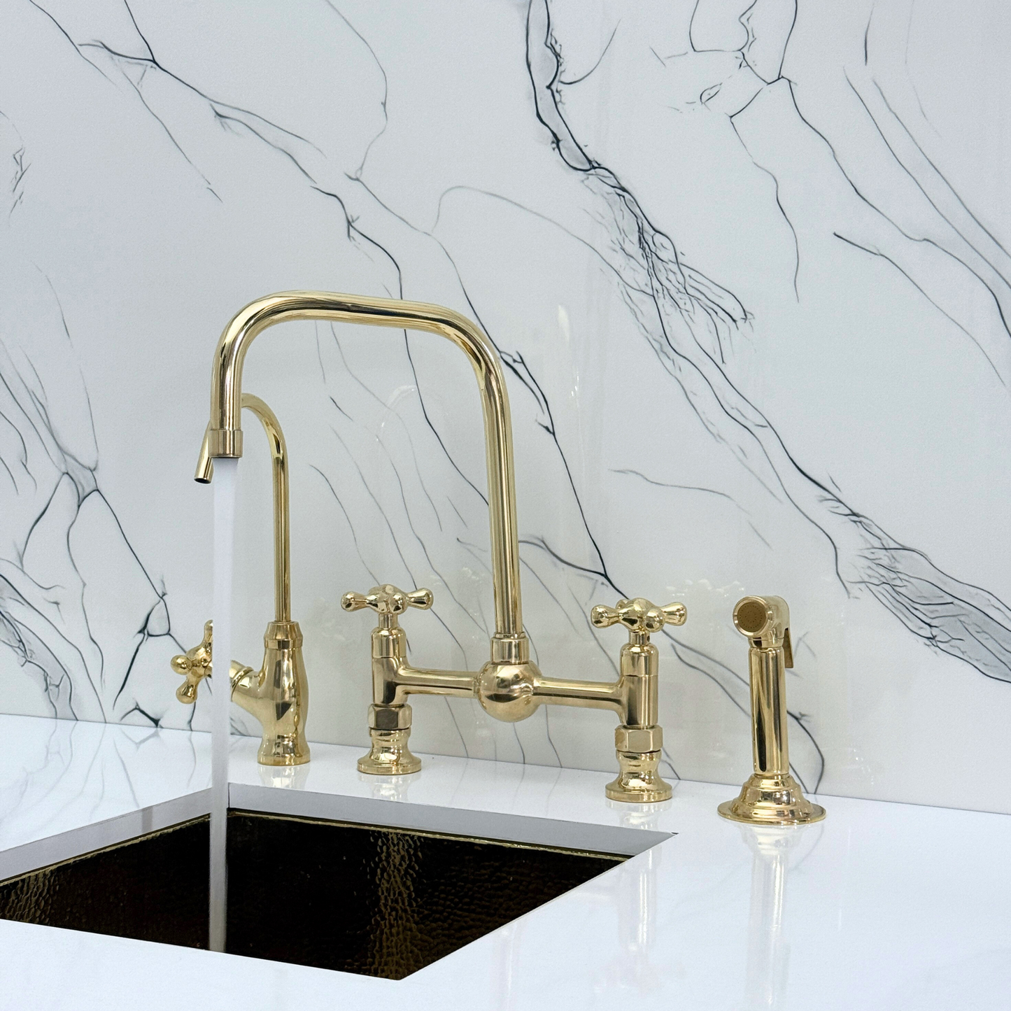 Unlacquered Brass Classic Bridge Faucet with Ball Center, Sprayer, Cold Water Faucet and Cross Handles