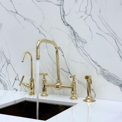 Unlacquered Brass Classic Bridge Faucet with Ball Center, Sprayer, Cold Water Faucet and Lever Handles