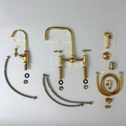 Unlacquered Brass Classic Bridge Faucet with Ball Center, Sprayer, Cold Water Faucet and Lever Handles