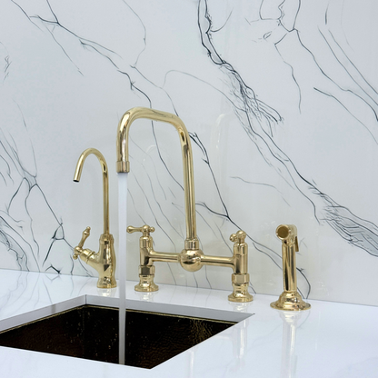 Unlacquered Brass Classic Bridge Faucet with Ball Center, Sprayer, Cold Water Faucet and Lever Handles