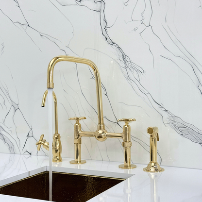 Unlacquered Brass Classic Bridge Faucet with Ball Center, Straight Legs, Sprayer, Cold Water Faucet and Cross Handles
