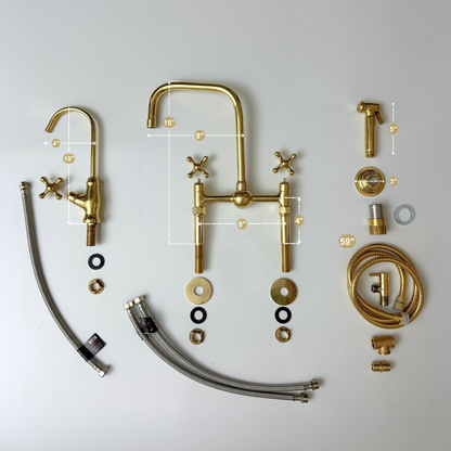 Unlacquered Brass Classic Bridge Faucet with Ball Center, Straight Legs, Sprayer, Cold Water Faucet and Cross Handles