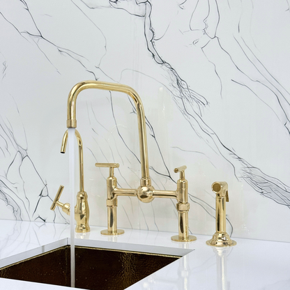 Unlacquered Brass Classic Bridge Faucet with Ball Center, Straight Legs, Sprayer, Cold Water Faucet and Lever Handles