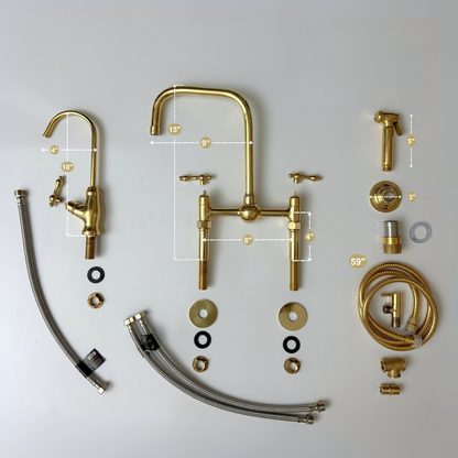 Unlacquered Brass Classic Bridge Faucet with Ball Center, Straight Legs, Sprayer, Cold Water Faucet and Lever Handles