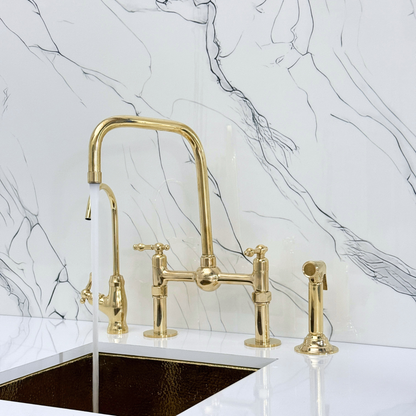 Unlacquered Brass Classic Bridge Faucet with Ball Center, Straight Legs, Sprayer, Cold Water Faucet and Lever Handles