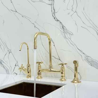 Unlacquered Brass Classic Bridge Faucet with Cold Water Faucet, Sprayer, and Cross Handles