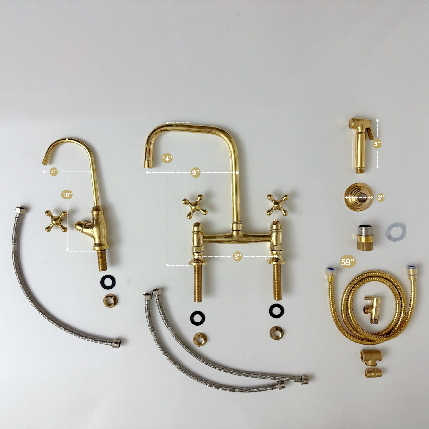 Unlacquered Brass Classic Bridge Faucet with Cold Water Faucet, Sprayer, and Cross Handles