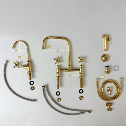 Unlacquered Brass Classic Bridge Faucet with Cold Water Faucet, Sprayer, and Cross Handles