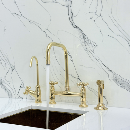 Unlacquered Brass Classic Bridge Faucet with Cold Water Faucet, Sprayer, and Cross Handles