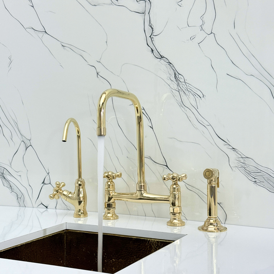 Unlacquered Brass Classic Bridge Faucet with Cold Water Faucet, Sprayer, and Cross Handles
