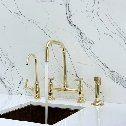 Unlacquered Brass Classic Bridge Faucet with Cold Water Faucet, Sprayer, and Lever Handles
