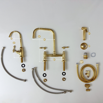 Unlacquered Brass Classic Bridge Faucet with Cold Water Faucet, Sprayer, and Lever Handles