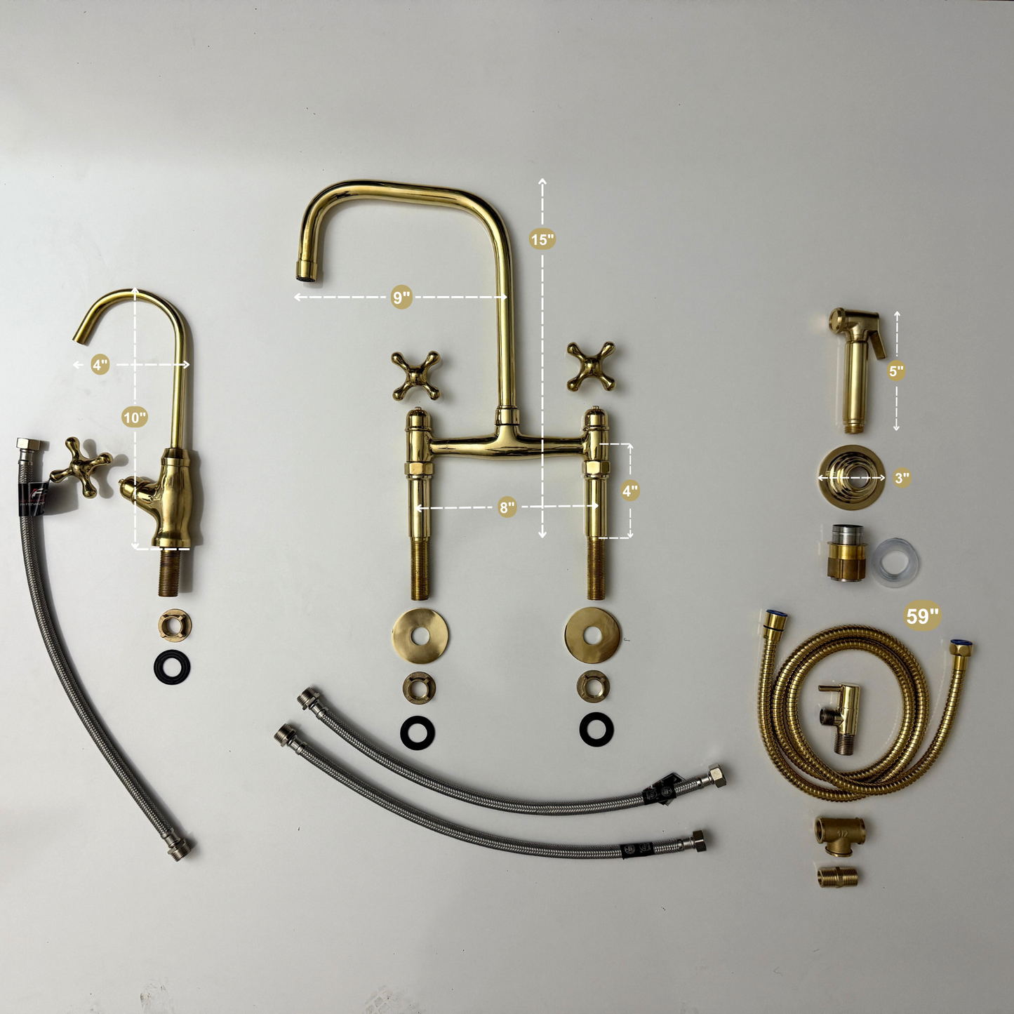 Unlacquered Brass Classic Bridge Faucet with Sprayer, Cold Water Faucet and Cross Handles