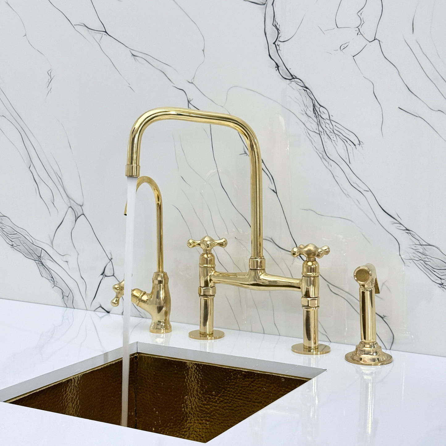 Unlacquered Brass Classic Bridge Faucet with Sprayer, Cold Water Faucet and Cross Handles