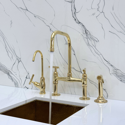 Unlacquered Brass Classic Bridge Faucet with Sprayer, Cold Water Faucet and Lever Handles