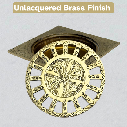 Unlacquered Brass Engraved Shower Drain with Removable Cover, Solid Brass Square Shower Drain