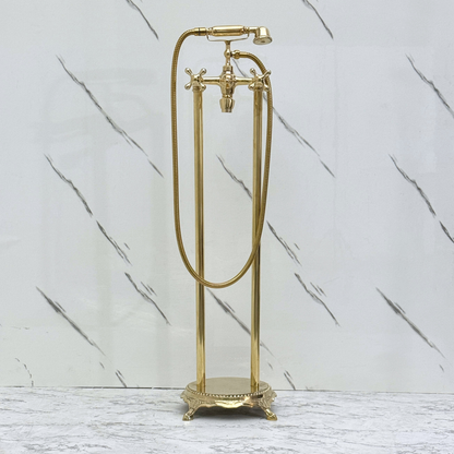 Unlacquered Brass Freestanding Bathtub Faucet, Solid Brass Clawfoot Tub Filler with Handheld Shower Head and Cross Handles