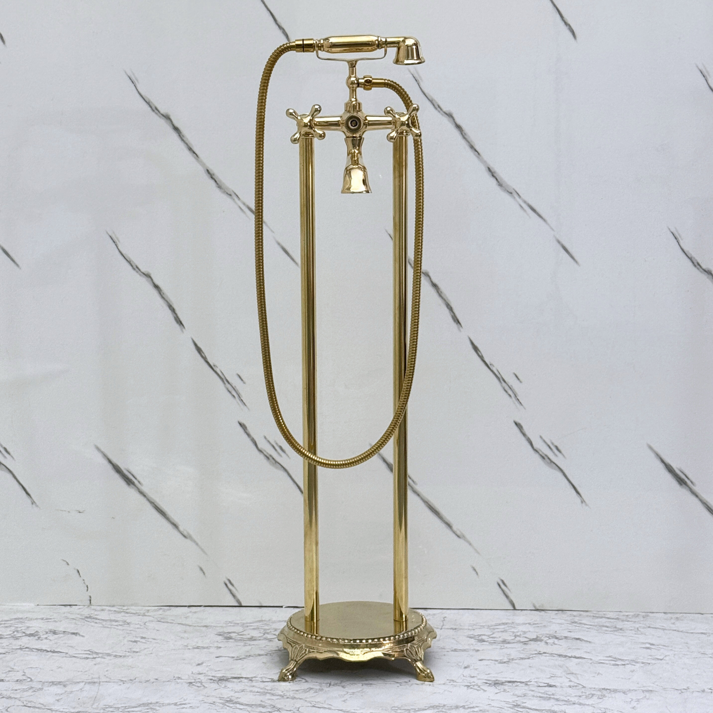 Unlacquered Brass Freestanding Bathtub Faucet, Solid Brass Clawfoot Tub Filler with Handheld Shower Head, Diverter and Cross Handles